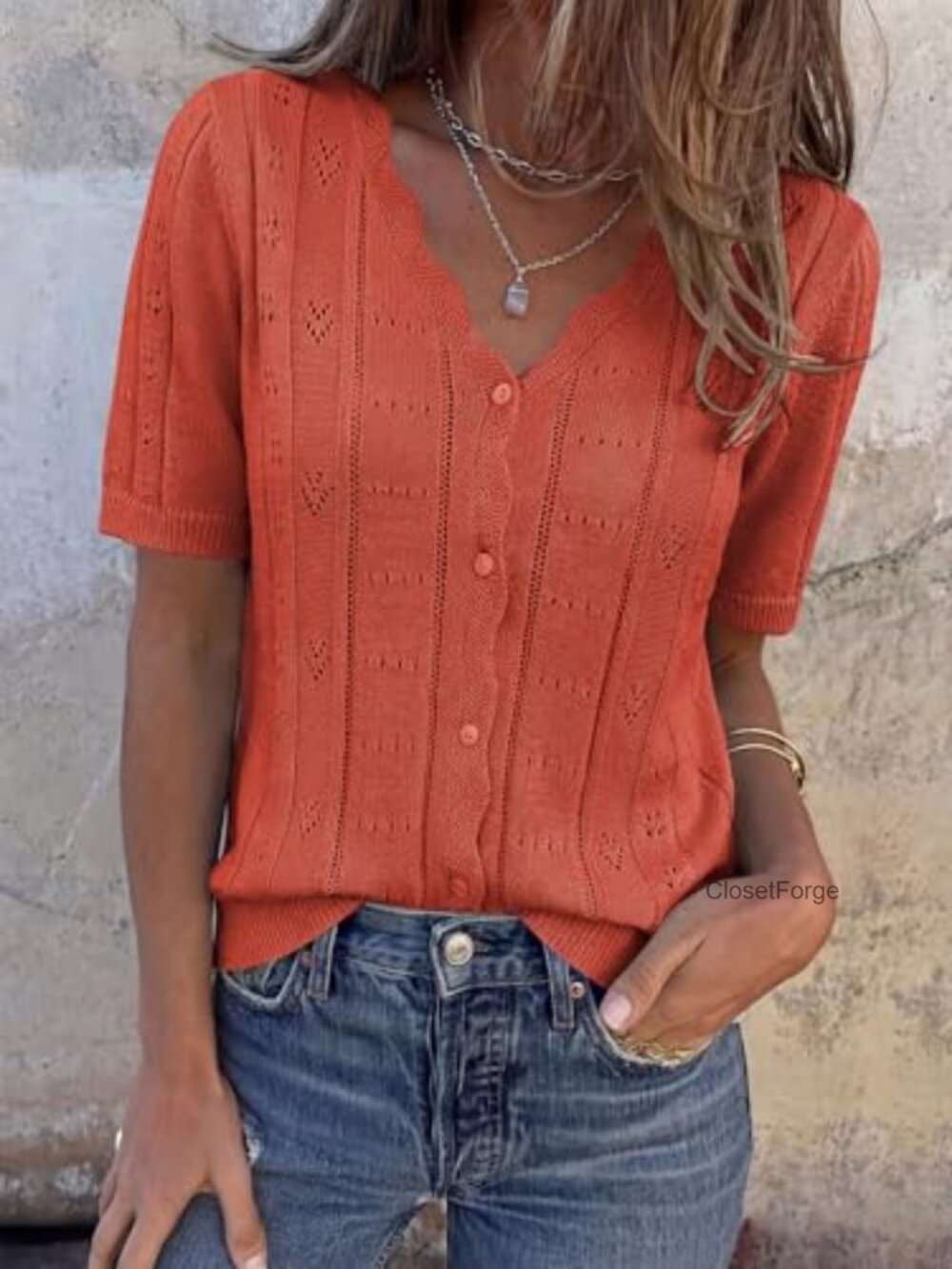 Women's Short Sleeve Crochet Knit Cardigan Sweater V-Neck Button Up Lightweight - Picture 2 of 6